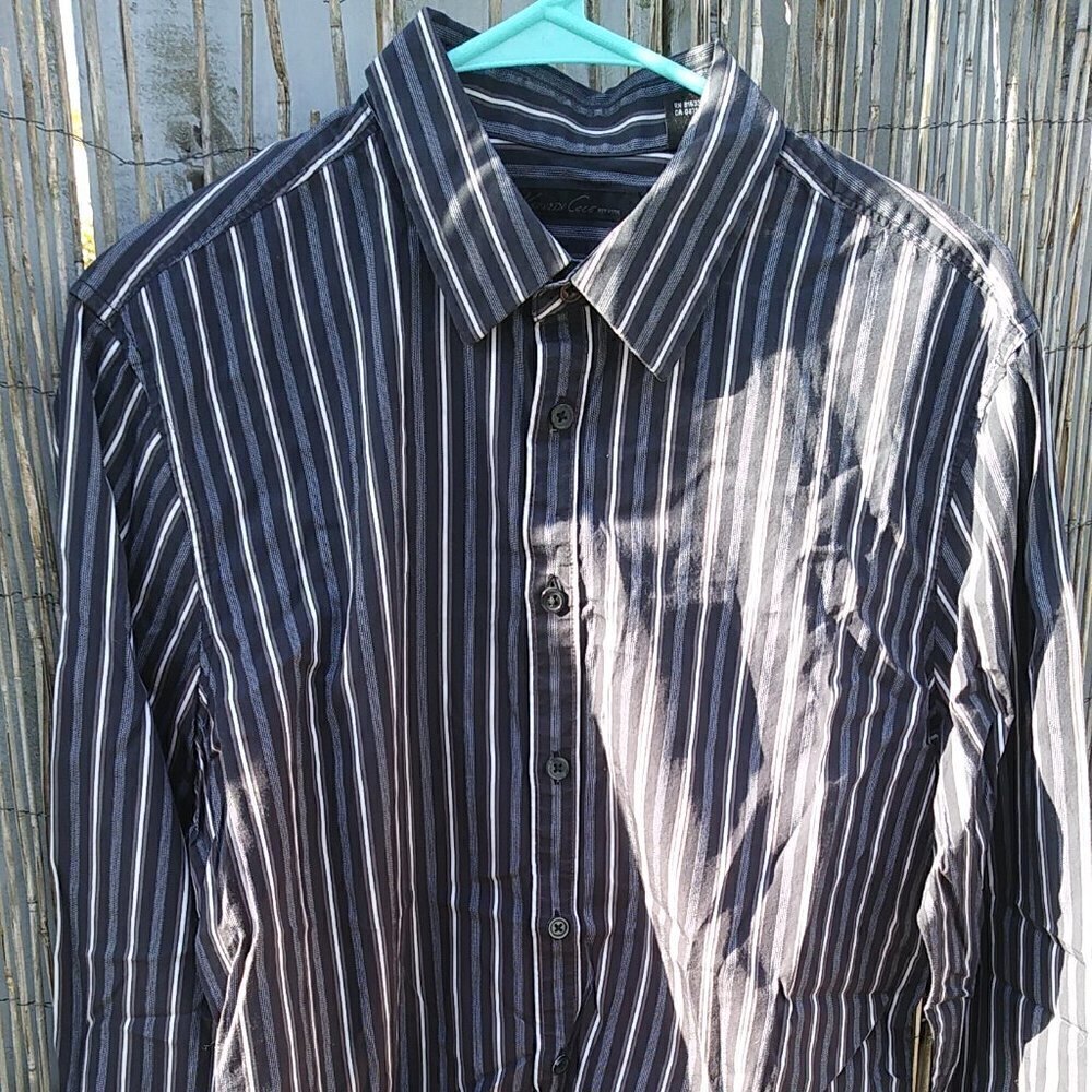 Kenneth Cole Men's Black White Gray Thick Striped Button Down - L